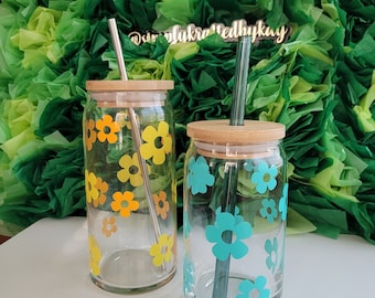 Retro Flower Glass Jar/ Daisy Cup Iced Coffee Cup Glass/ Boho Beer Glass Jar/ Daisy Coffee Glass Cup/ Iced Coffee Glass/ Can Glass With Lid