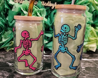 Dansend skelet ijs koffieglas blik / Halloween ijskoffieglas / bierblikje met deksel / frisdrankblikjeglas / koffieglas kan w / stro