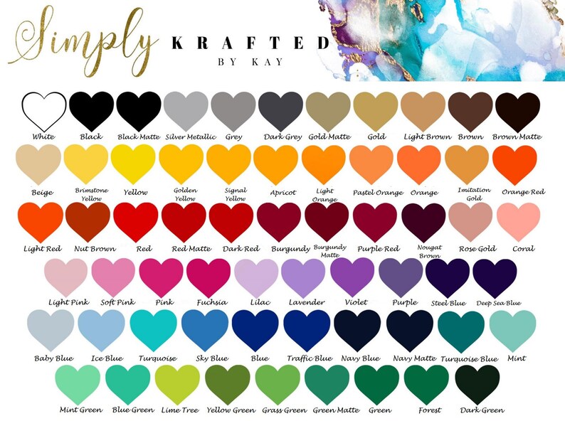 Op de afbeelding: Een kleurenkaart met 60 hartvormige kleurstalen met hun namen eronder vermeld. De kleuren omvatten wit, zwart, zilver, grijs, goud, bruin, beige, geel, oranje, rood, roze, paars, blauw, groen en turquoise.