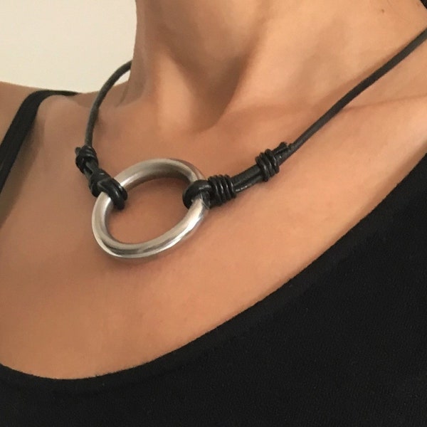 Circle Necklace Women Pendant Large Circle Necklace for Women Leather Cord Jewelry Boho Necklace Gift for Her