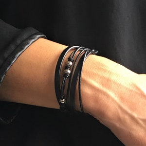 Leather Bracelet for Women - Triple Wrap Bracelet - Black Leather Bracelet with Beads - Girlfriend Gift - Women Jewelry