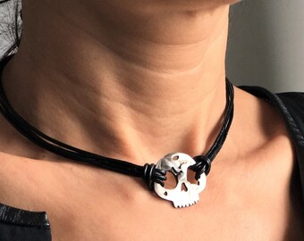 Leather Choker Skull Necklace Women Skull Pendant Hammered Skull Jewelry Handmade Necklace
