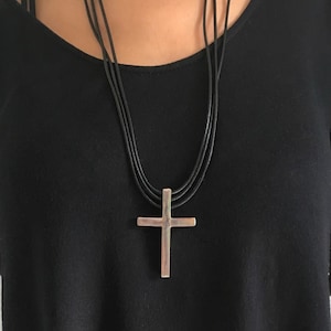 Women Cross Necklace, Cross Pendant, Triple Leather Cord, Gift for Her, Christian Jewelry, Christian Necklace, Modern Cross Pendant