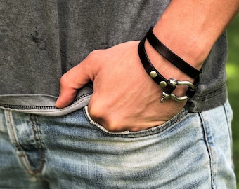 Men's Leather Bracelet, Sailor Bracelet, Boyfriend Gift, Boat Omega Shackle, Gift for Men