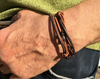 Bracciale da uomo, Bracciale avvolgente in pelle, Bracciale da uomo in pelle, Bracciale da surfista, Marrone antico, Bracciale in cordino di pelle