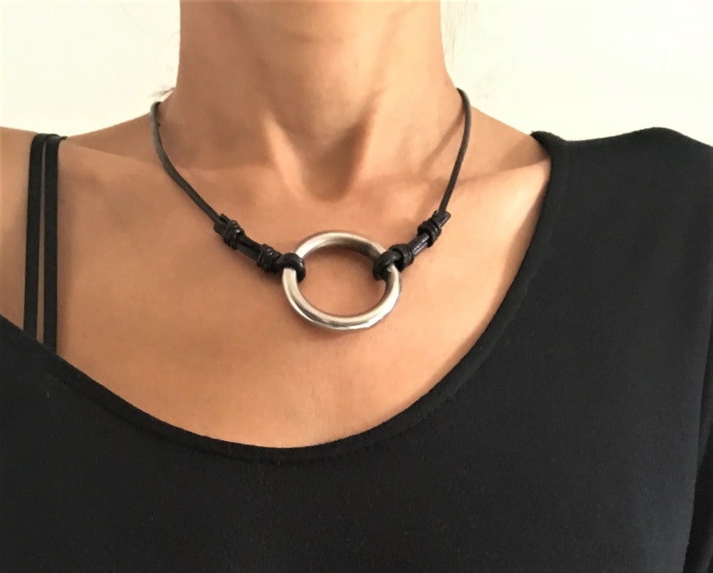 Circle Necklace Women Pendant Large Circle Necklace for Women Leather Cord Jewelry Boho Necklace Gift for Her image 2