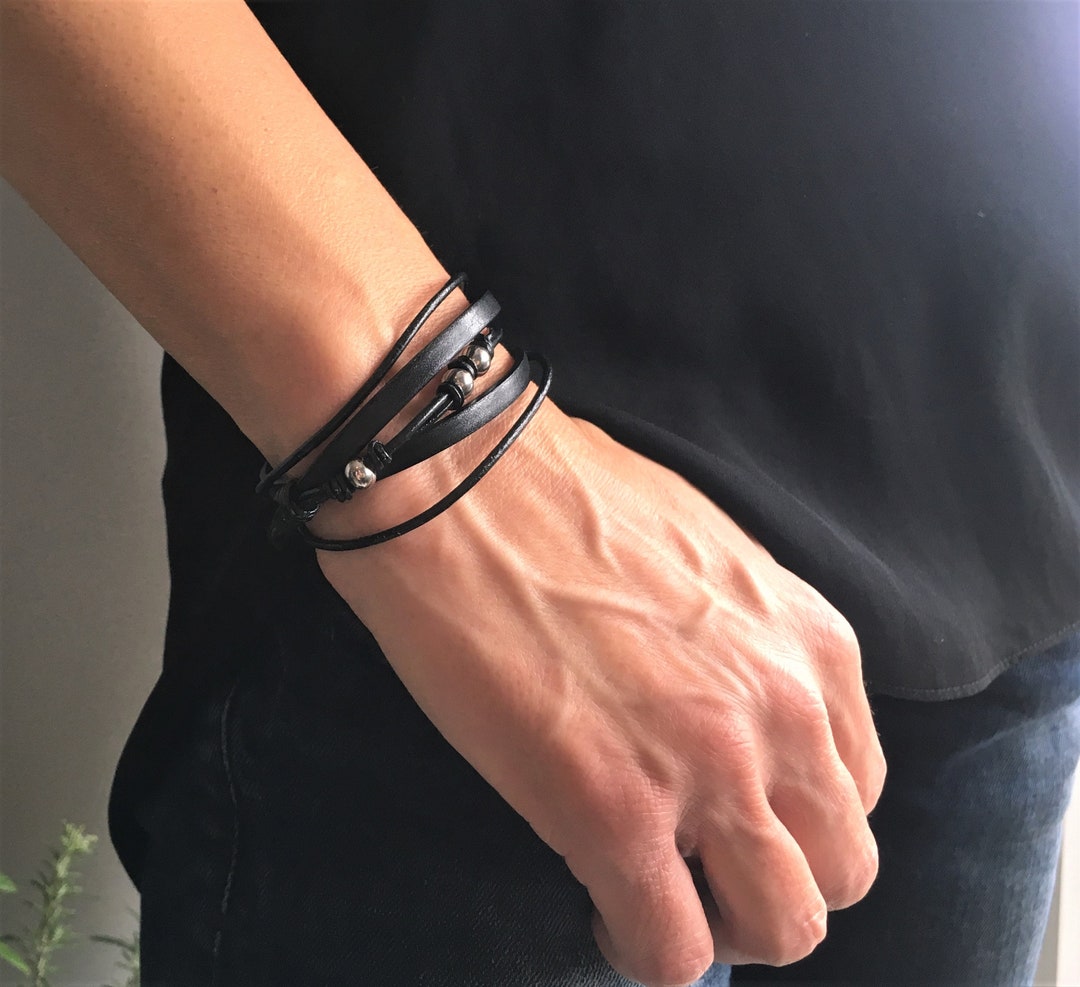 Black leather wrap bracelet best sale