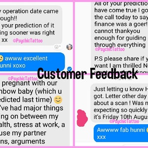 Puede incluir: Un collage de cuatro testimonios de clientes sobre un servicio de lectura de tarot. El texto incluye frases como "la fecha de la operaci&oacute;n lleg&oacute;", "predicho la &uacute;ltima vez", "las finanzas fueron un &eacute;xito" y "encantada Nd saber".