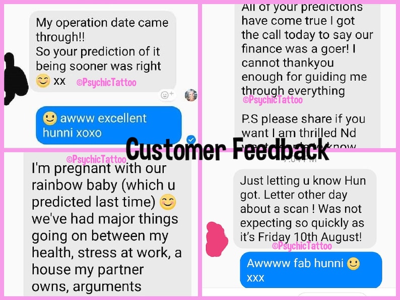 Puede incluir: Un collage de cuatro testimonios de clientes sobre un servicio de lectura de tarot. El texto incluye frases como "la fecha de la operaci&oacute;n lleg&oacute;", "predicho la &uacute;ltima vez", "las finanzas fueron un &eacute;xito" y "encantada Nd saber".