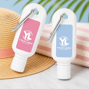 Set of 12, Personalized SPF30 Sunscreen Favors with Carabiner (30ml)
