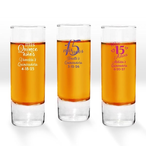 Quince Años Personalized Tall Shooter Glass Favors, Shot Glass Quinceañera Favors,  Sweet 15 Quinceañera Shot Glass Favors MAE65,  Set of 24