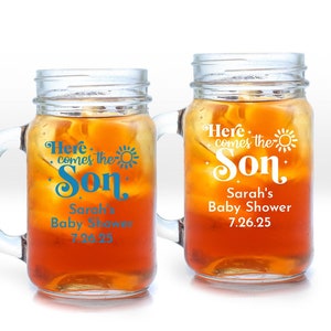 Set of 18 Here Comes the Son Personalized Large Mason Jar Mug (16oz), Affordable Baby Shower Party Favors MAE128