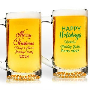 Happy Holidays Personalized Beer Mug Glass Favors Party Favors, MAE217, Merry Christmas Beer Mug Glass Favors- 18 pieces