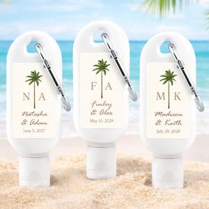 Beach Wedding Favors, Set of 12, Palm Tree Monogram Personalized Sunscreen with Carabiner, 30ml Sunscreen Party Favors MAE164