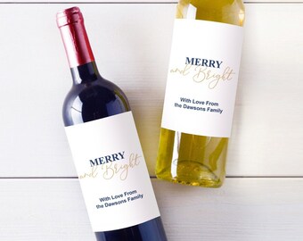 12 Pcs Merry and Bright Personalized Wine Bottle Labels Champagne Bottle Labels Christmas Holiday Favors MAE115K