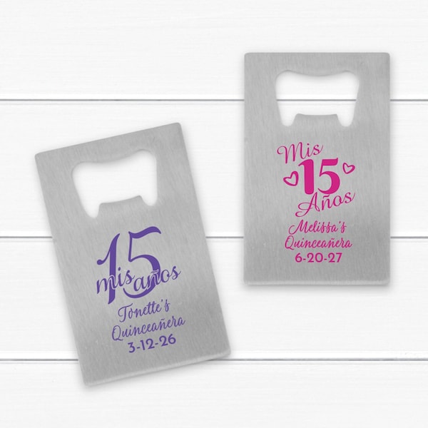 Set of 24 Quince Años Personalized Silver Credit Card Bottle Opener, Birthday Quiceañera Party Favors MAE65