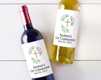 12 Pieces Cross Botanical Greenery First Holy Communion Personalized Wine Labels - Wine Champagne Bottle Labels Stickers Only MAE891