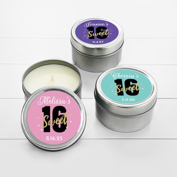 12 pcs   Sweet 16 Birthday Personalized Candle Tins Personalized Candle Favors MAE215-D Birthday Favors Birthday Party