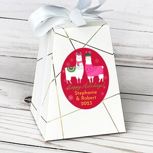 12 pcs  Llama Holiday Personalized Pedestal Favor Boxes - Holiday Favors -MAE106 - Pedestal Favor Boxes with Stickers