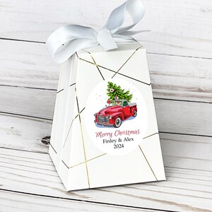 12 pcs  Christmas Red Pick Up Truck Personalized Pedestal Favor Boxes - Holiday Favors -MAE108-M - Pedestal Favor Boxes with Stickers