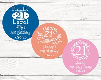Birthday Labels, Set of 24, 21st Birthday Personalized 2 Inches Round Sticker Labels - 21st Birthday Party Favors Stickers MAE216-N1