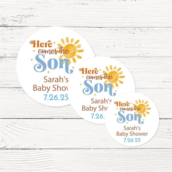 Baby Shower Labels, 24 pcs Here Comes The Son Personalized Baby Shower Labels - Baby Shower Favors Stickers - Custom Stickers MAE128
