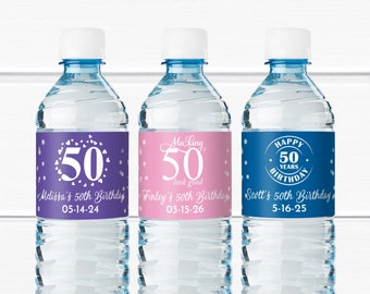 50th Birthday Personalized Water Bottle Labels, Party Favors (Set of 15)