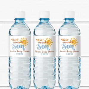 Set of 15 Here Comes the Son Personalized Water Bottle Labels, Baby Shower Party Favors MAE128