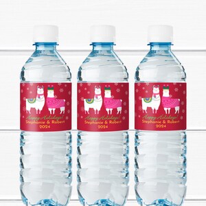 Set of 15 Llama Holiday Personalized Water Bottle Labels, Christmas Holiday Party Favors MAE106