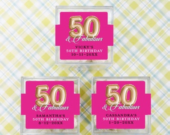 10 pcs 50 & Fabulous Personalized Square Acrylic Box Favors, 50th Birthday Party Favors, Clear Plastic Box Party Favors (MAE203)