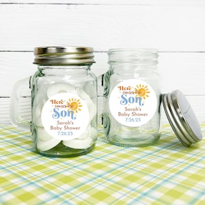 Here Comes the Son Favors Set of 12 Mini Mason Personalized Jars with Stickers, MAE128-B Baby Shower Glass Bottle Container Party Favors