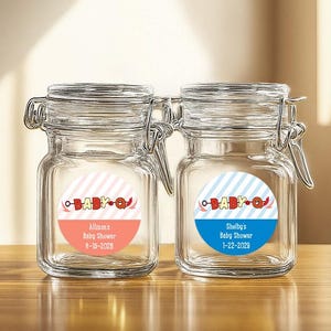 Baby Shower Favors, 12 pcs Baby Q Baby Shower Personalized Square Glass Jar with Labels, Affordable Candy Jar Favors MAE202