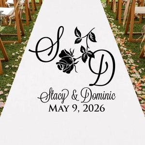 Custom Flower Initials Personalized Aisle Runner Wedding Aisle Runner MAE97P/ENT Plain White Aisle Runner