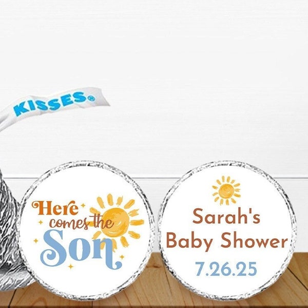 Baby Shower Favors Set of 106, Here Comes the Son Personalized Hershey Kisses Stickers Favors Stickers Favors  MAE128-E Baby Favor Stickers