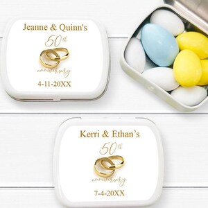 Golden Anniversary Favors, Set of 12, 50th Wedding Anniversary Personalized Empty Mint Tins, Candy Tins Party Favors MAE207