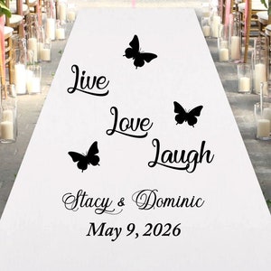 Tapis de couloir personnalisé Live Love Laugh Butterfly personnalisé pour mariage - ENTR/MAE21E - tapis de couloir blanc uni