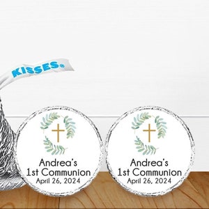 106 pcs Cross Botanical Greenery First Communion Personalized Hershey Kisses Stickers, Personalized 1st Communion Labels MAE891