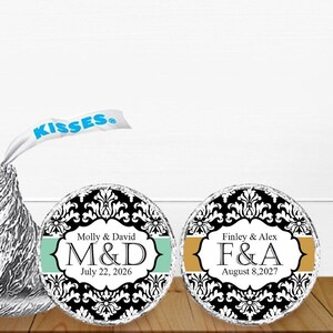Wedding Party Favors, Set of 106, Damask Initials Personalized Hershey&#39;s Kisses Stickers, Hershey&#39;s Kisses Stickers Labels JM319