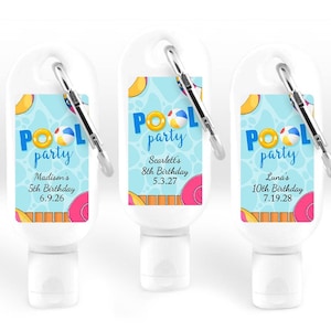 May include: Three white hand sanitizer bottles with silver carabiner clips. Each bottle has a label with "Pool Party" text, a beach ball, and a pool float design. The labels also include birthday details.