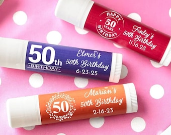 12 pcs Fiftieth 50th Birthday Personalized Tube Lip Balm  Personalized Lip Balm Birthday Favors MAE211 Birthday Lip Balm Party Favors