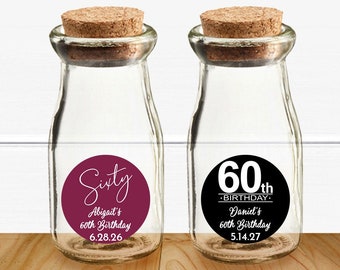 60th Birthday Favors: Personalized Corked Glass Milk Jars, Set of 12