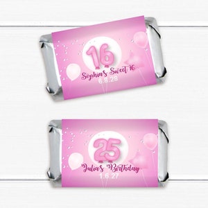 Birthday Party Favors, Set of 40, All Ages Pink Personalized Hershey&#39;s Miniatures Chocolate Favors, Chocolate Party Favors MAE292