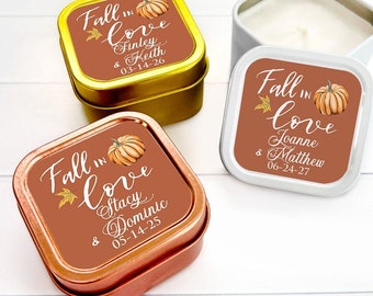 12 pcs Fall In Love Pumpkin Fall Leaves Wedding Personalized Travel Candle Tins - Party Favors - MAE93-C - Fall Party Favors
