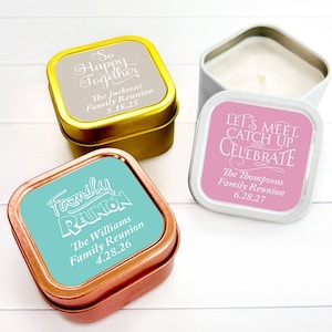 Family Reunion Favors, 12 pieces Personalized Square Travel Candle Tins, Family or Relatives Reunion Favors MAE135-C Candle Party Favors