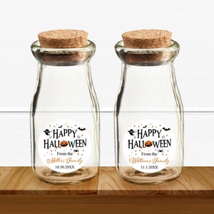 Halloween Party Favors, Set of 12, Happy Halloween Personalized Cork Milk Jar with Stickers, Cork Milk Jar Party Favors MAE83