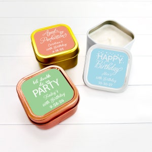12 pcs  Adult Birthday Personalized Square Candle Tins Personalized Candle Favors MAE67-C/BLND/JOSEF Adult Birthday Party Candle Favors