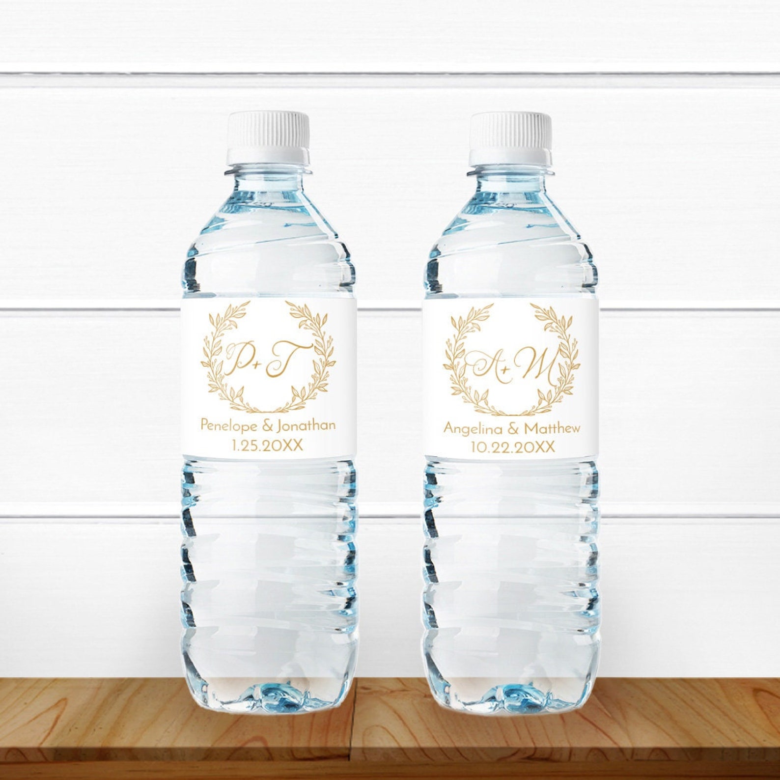 Wedding Party Favors Set of 15 Golden Wreath Initials Personalized Water Bottle Labels Water Bottle Labels Stickers MAE206