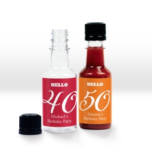 12 pcs Hello Birthday Personalized Empty Bottle Hot Sauce Favors, Plastic Black Tamper Seal Cap Bottle Hot Sauce Favors, MAE110-J