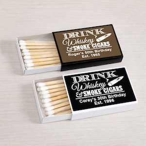 Birthday Favors, Set of 50, Drink Whiskey & Smoke Cigars Personalized Matches With Labels, Matchboxes Favors MAE82154-ZF