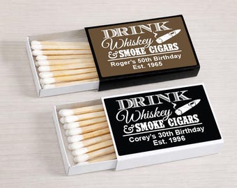 Birthday Favors, Set of 50, Drink Whiskey & Smoke Cigars Personalized Matches With Labels, Matchboxes Favors MAE82154-ZF